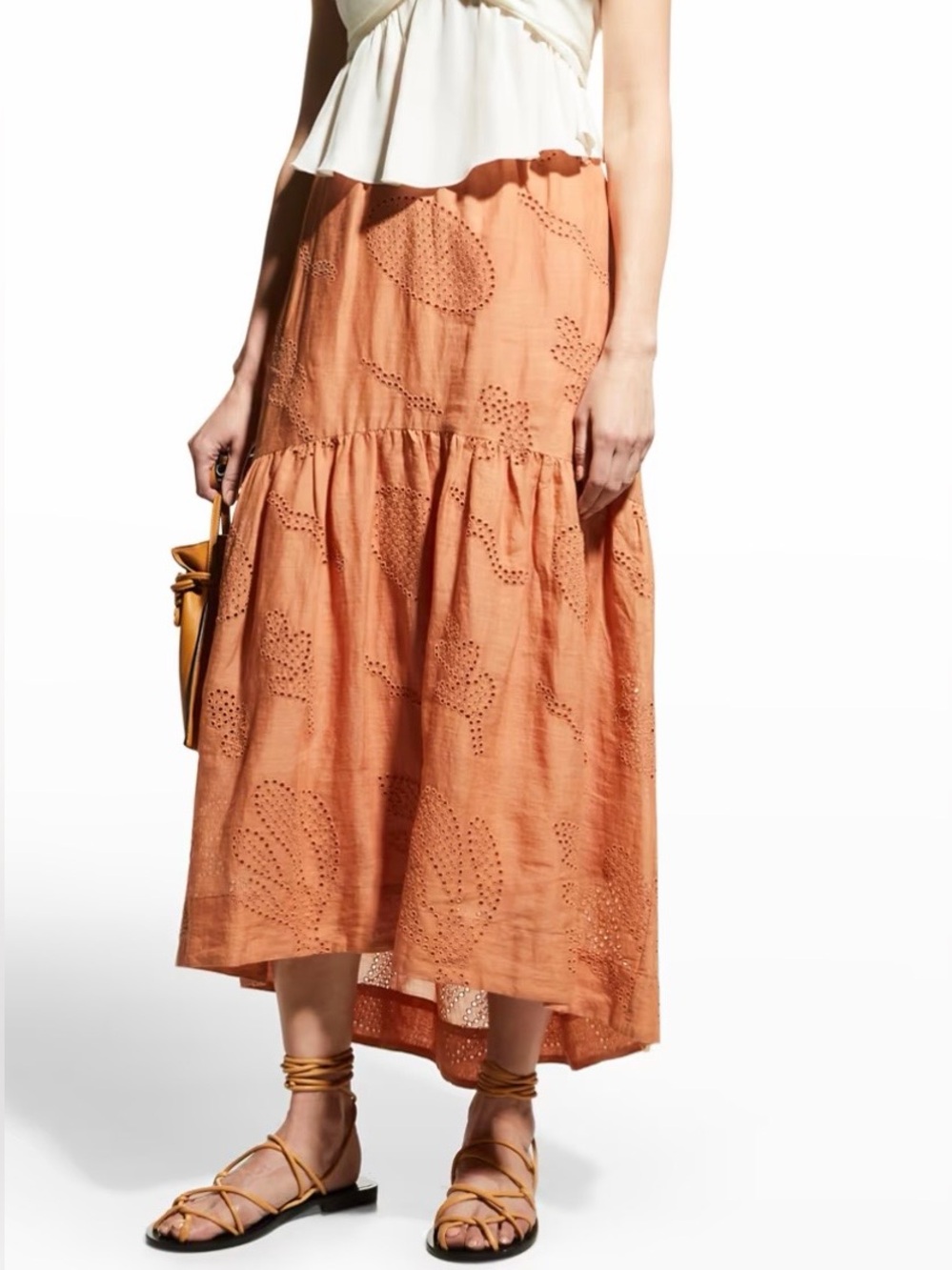 FRAME Eyelet Tiered Maxi Skirt in Terracotta size M